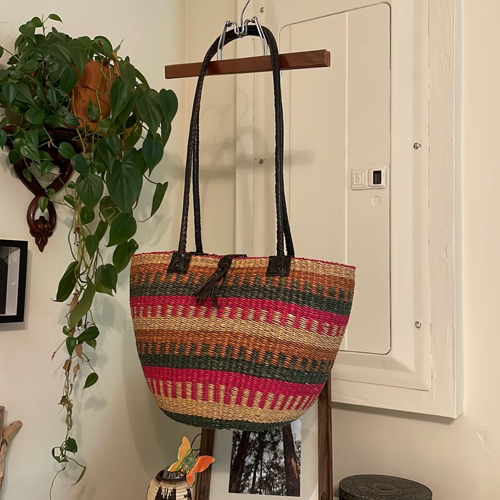 Handwoven Vintage Colorful Basket Bag with Leather Handles